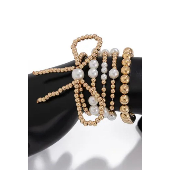 Women's Gold and White Pearl Beaded Bracelet Set, One Size - Picture 8 of 9